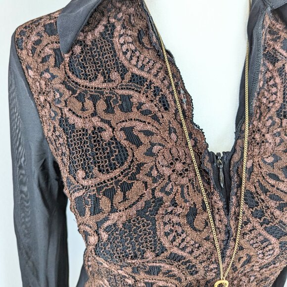 VTG 00s Y2K Kay Celine Black Sheer Mesh Brown Floral Lace Long Sleeve Zip Blouse - Picture 4 of 6